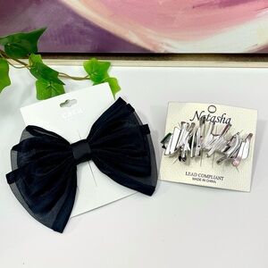 Cara Black Hair Bow Clip and Natasha Metal Silver‎ tone Clip